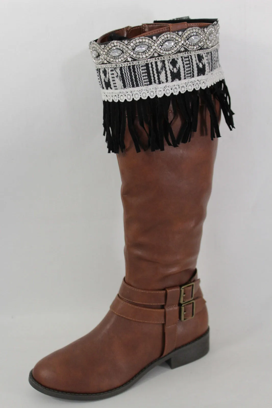 Black Faux Leather Fringes Cream Lace Rhinestone Boot Toppers Boho Women Western