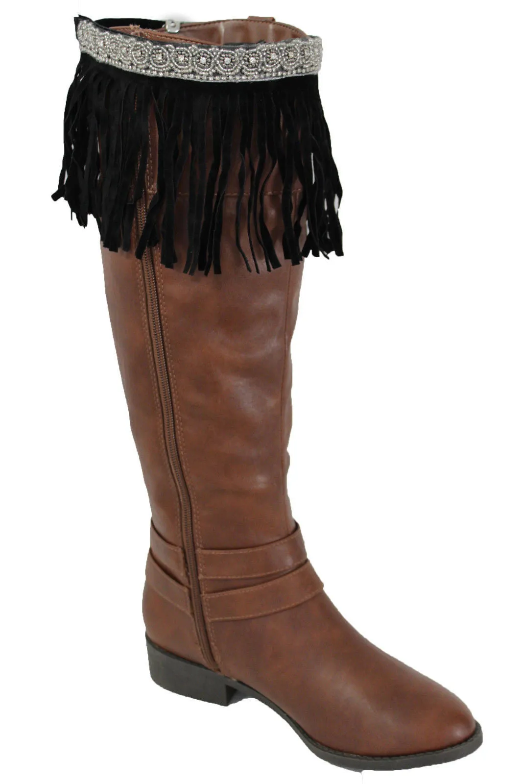 Black Faux Leather Fringes Knee High Boot Toppers Long Silver Bead