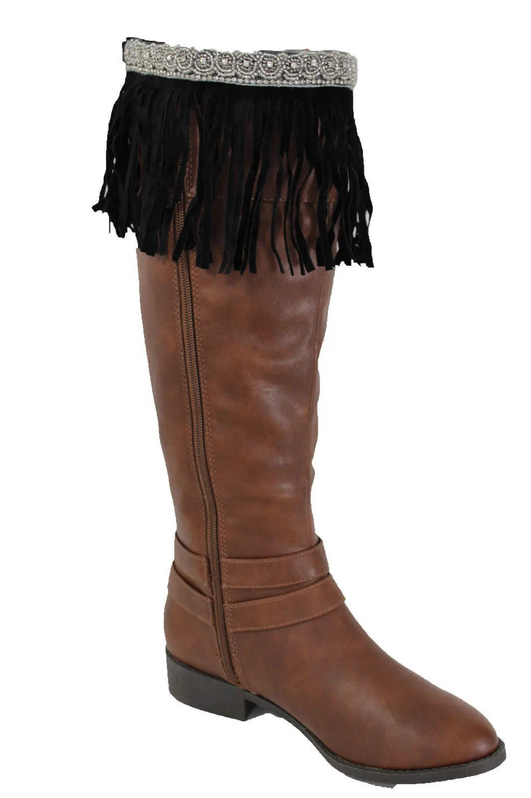 Black Faux Leather Fringes Knee High Boot Toppers Long Silver Bead