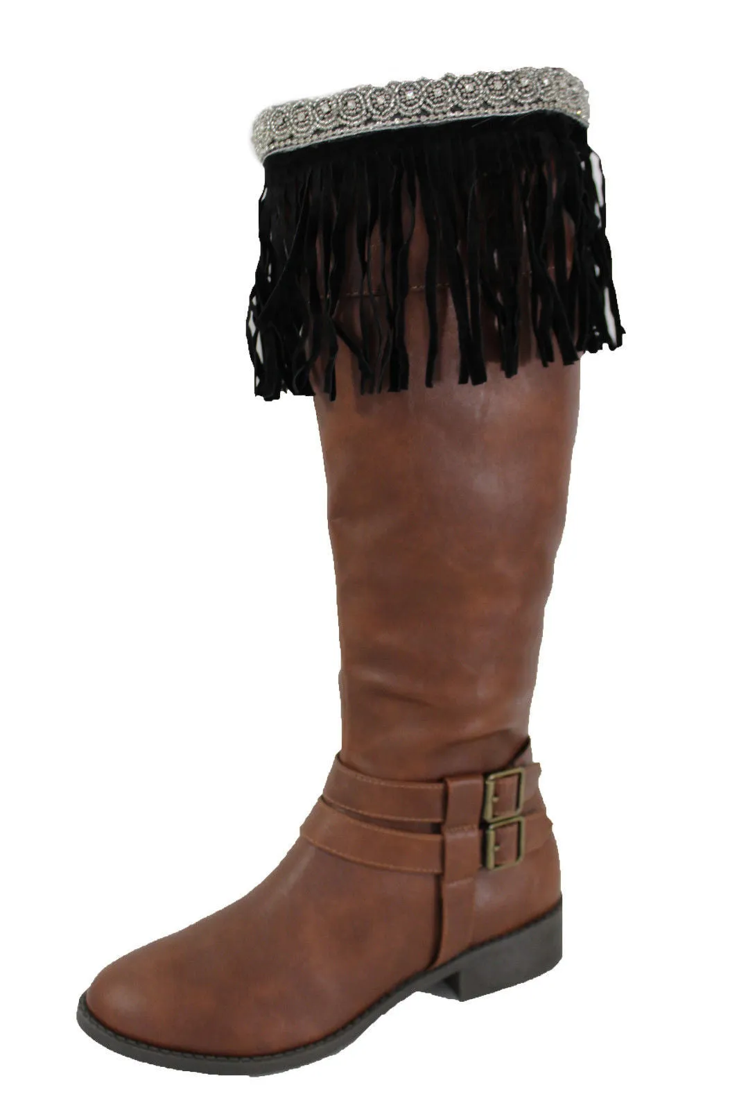 Black Faux Leather Fringes Knee High Boot Toppers Long Silver Bead