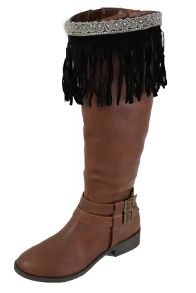 Black Faux Leather Fringes Knee High Boot Toppers Long Silver Bead