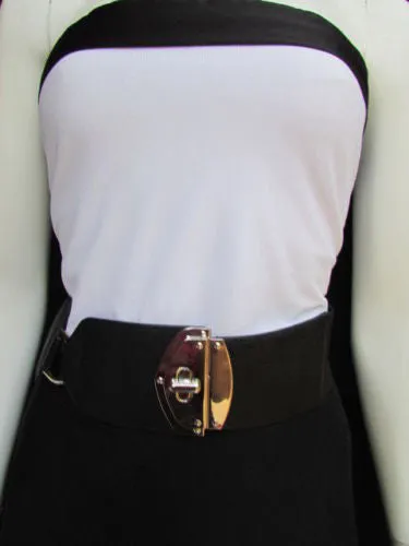 Black Faux Leather Gold Side Ring Wide Elastic Waist Hip Belt Buckle S M