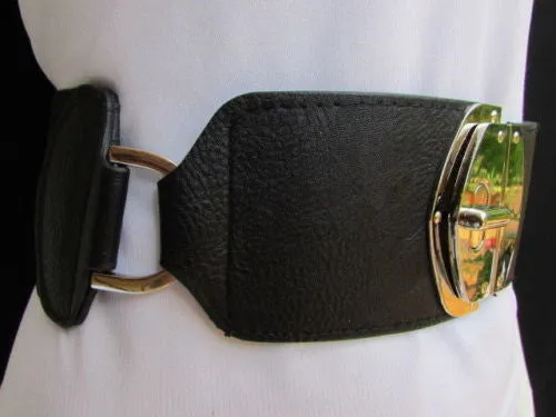 Black Faux Leather Gold Side Ring Wide Elastic Waist Hip Belt Buckle S M