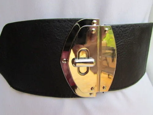 Black Faux Leather Gold Side Ring Wide Elastic Waist Hip Belt Buckle S M