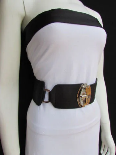 Black Faux Leather Gold Side Ring Wide Elastic Waist Hip Belt Buckle S M