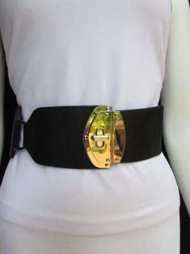 Black Faux Leather Gold Side Ring Wide Elastic Waist Hip Belt Buckle S M