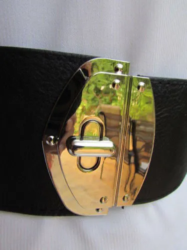 Black Faux Leather Gold Side Ring Wide Elastic Waist Hip Belt Buckle S M