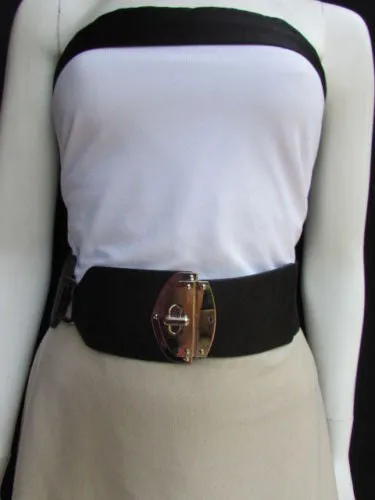 Black Faux Leather Gold Side Ring Wide Elastic Waist Hip Belt Buckle S M