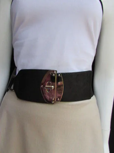 Black Faux Leather Gold Side Ring Wide Elastic Waist Hip Belt Buckle S M