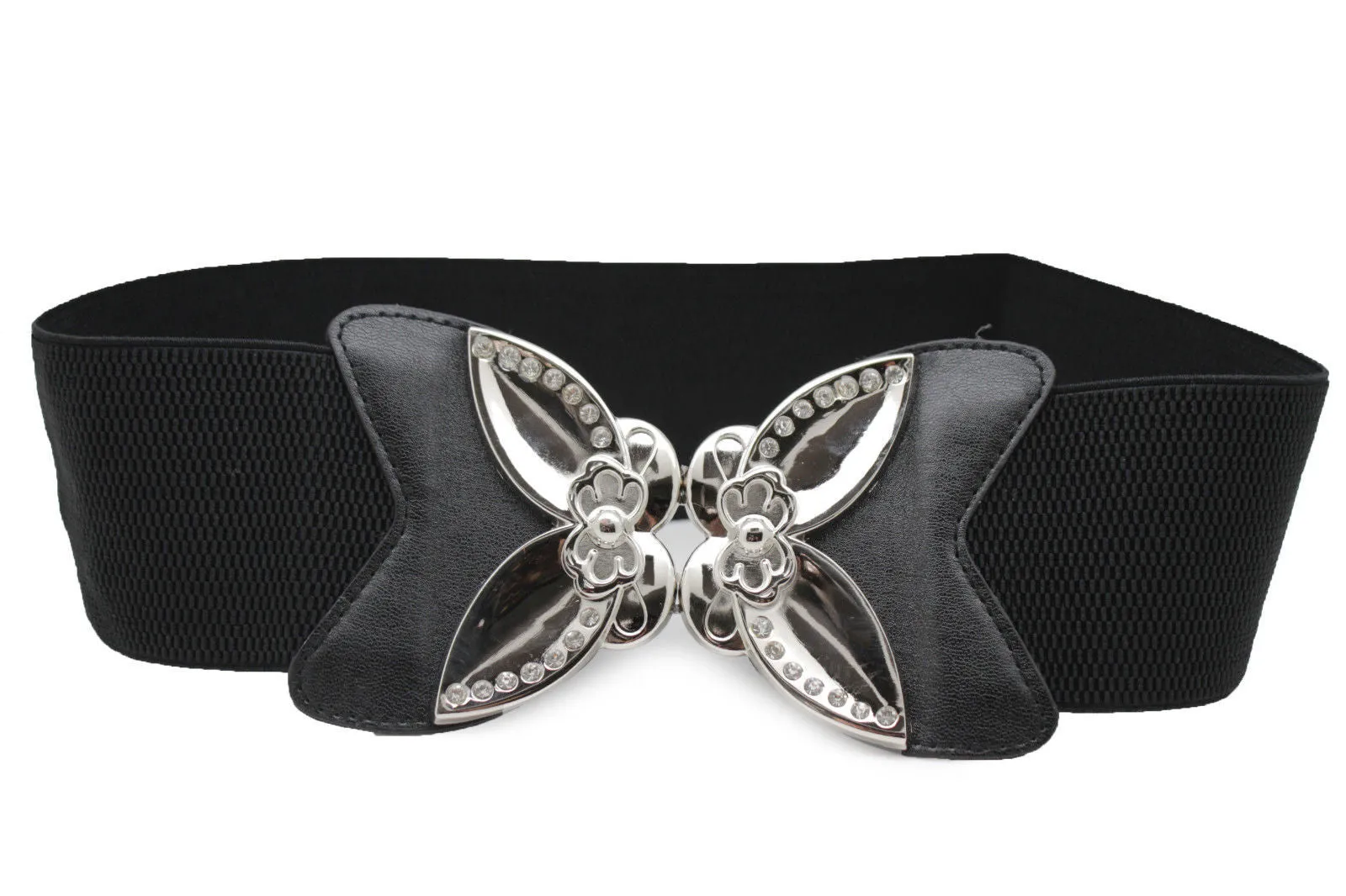 Black Faux Leather Stretch Back Belt Silver Big Flower Buckle S M