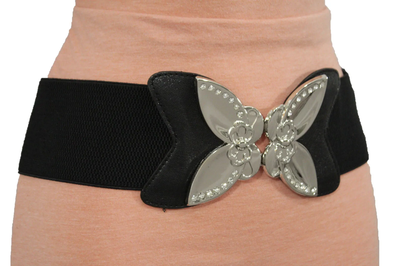 Black Faux Leather Stretch Back Belt Silver Big Flower Buckle S M