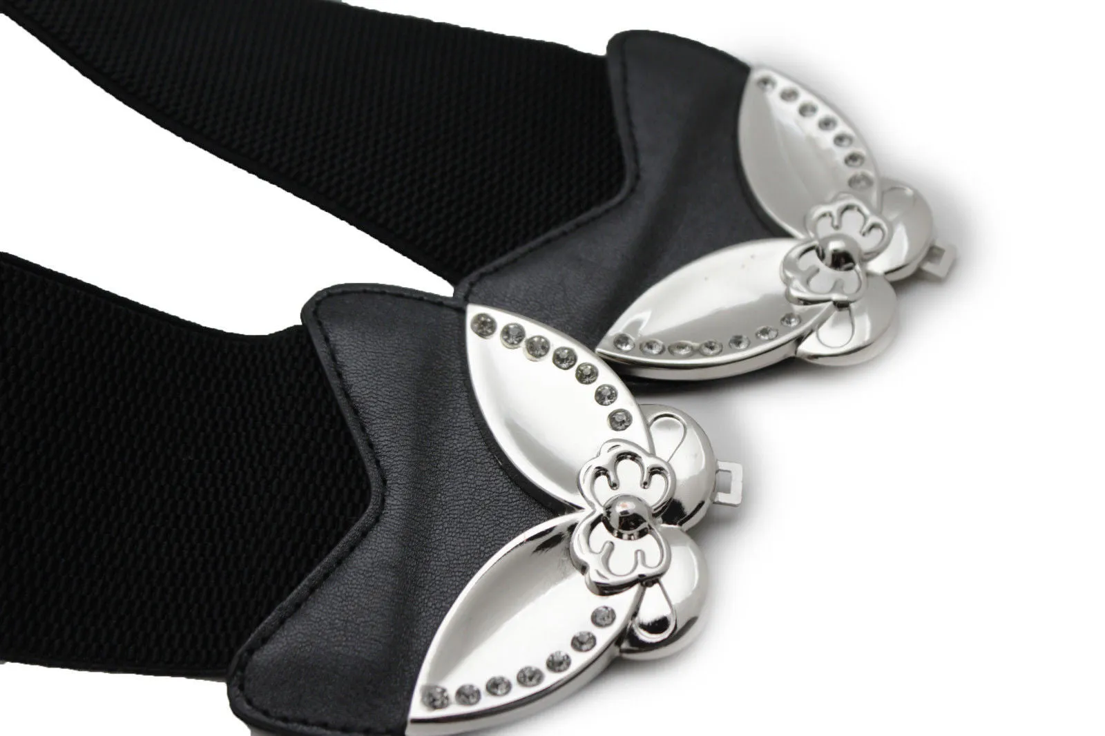 Black Faux Leather Stretch Back Belt Silver Big Flower Buckle S M