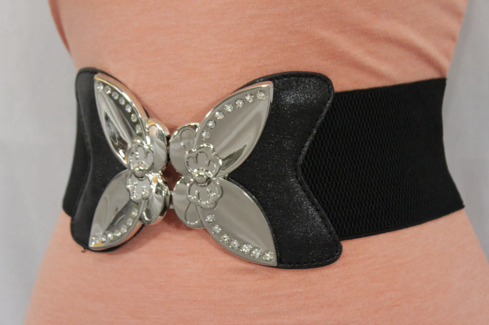 Black Faux Leather Stretch Back Belt Silver Big Flower Buckle S M