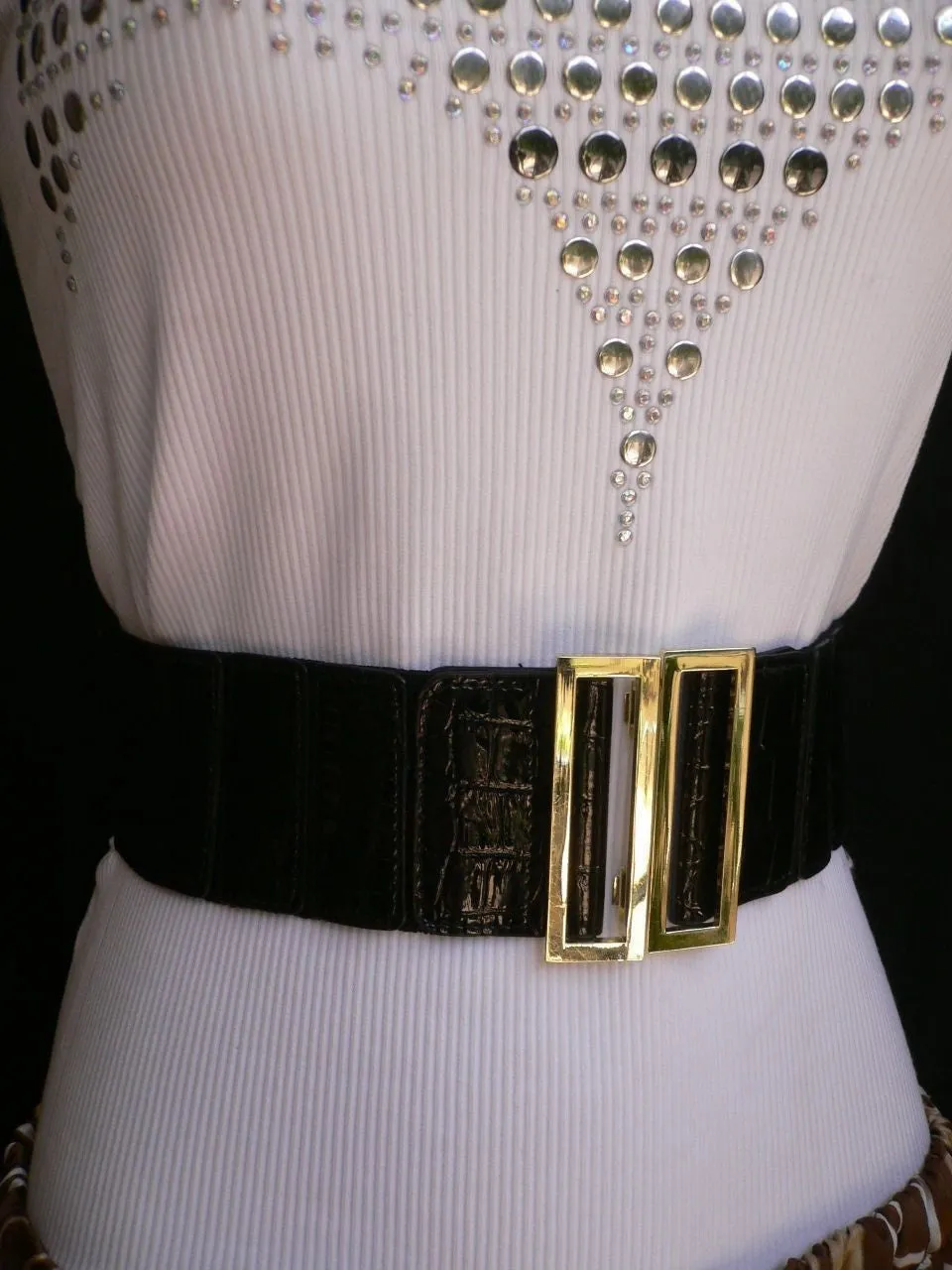 Black Faux Leather Stretch Back Hip High Waist Elastic Belt Gold Square Metal Buckle S M