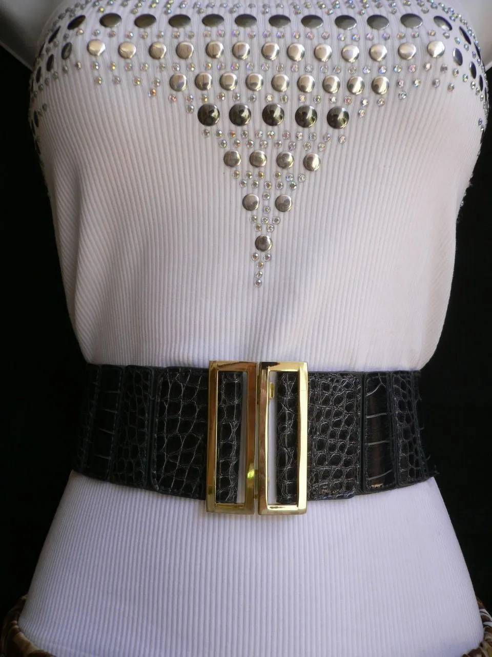 Black Faux Leather Stretch Back Hip High Waist Elastic Belt Gold Square Metal Buckle S M