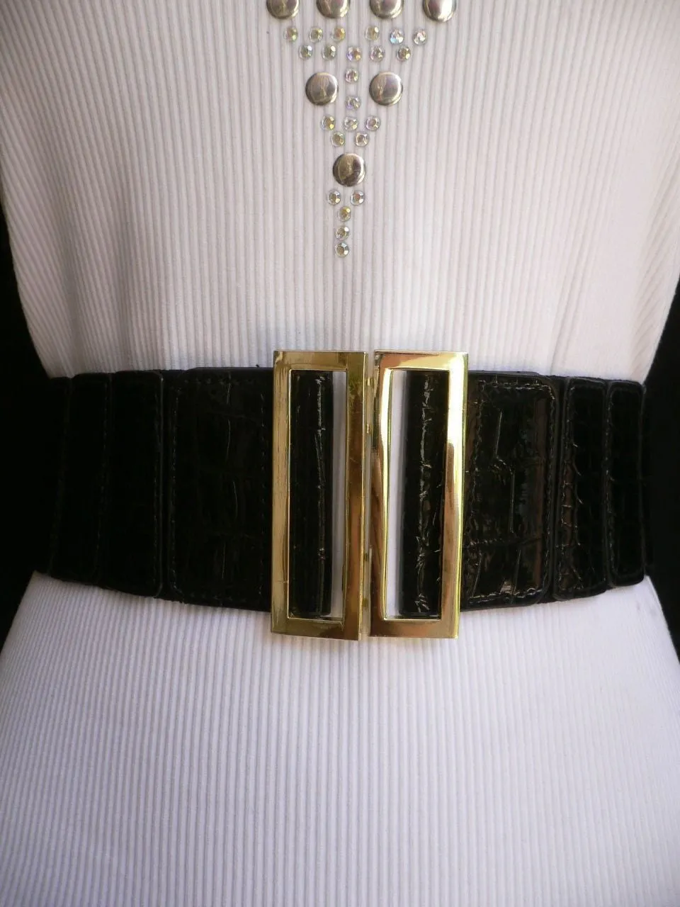 Black Faux Leather Stretch Back Hip High Waist Elastic Belt Gold Square Metal Buckle S M