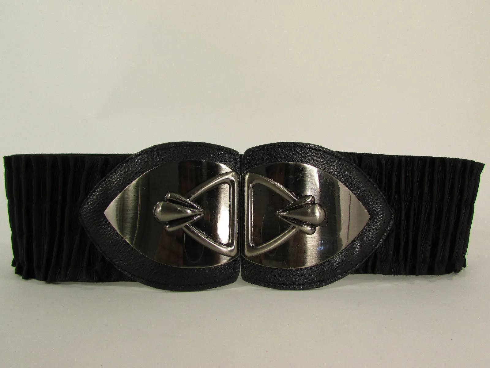 Black Faux Leather Wide Hip Elastic Belt Vintage Metal Pewter Buckle