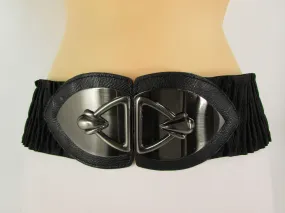 Black Faux Leather Wide Hip Elastic Belt Vintage Metal Pewter Buckle