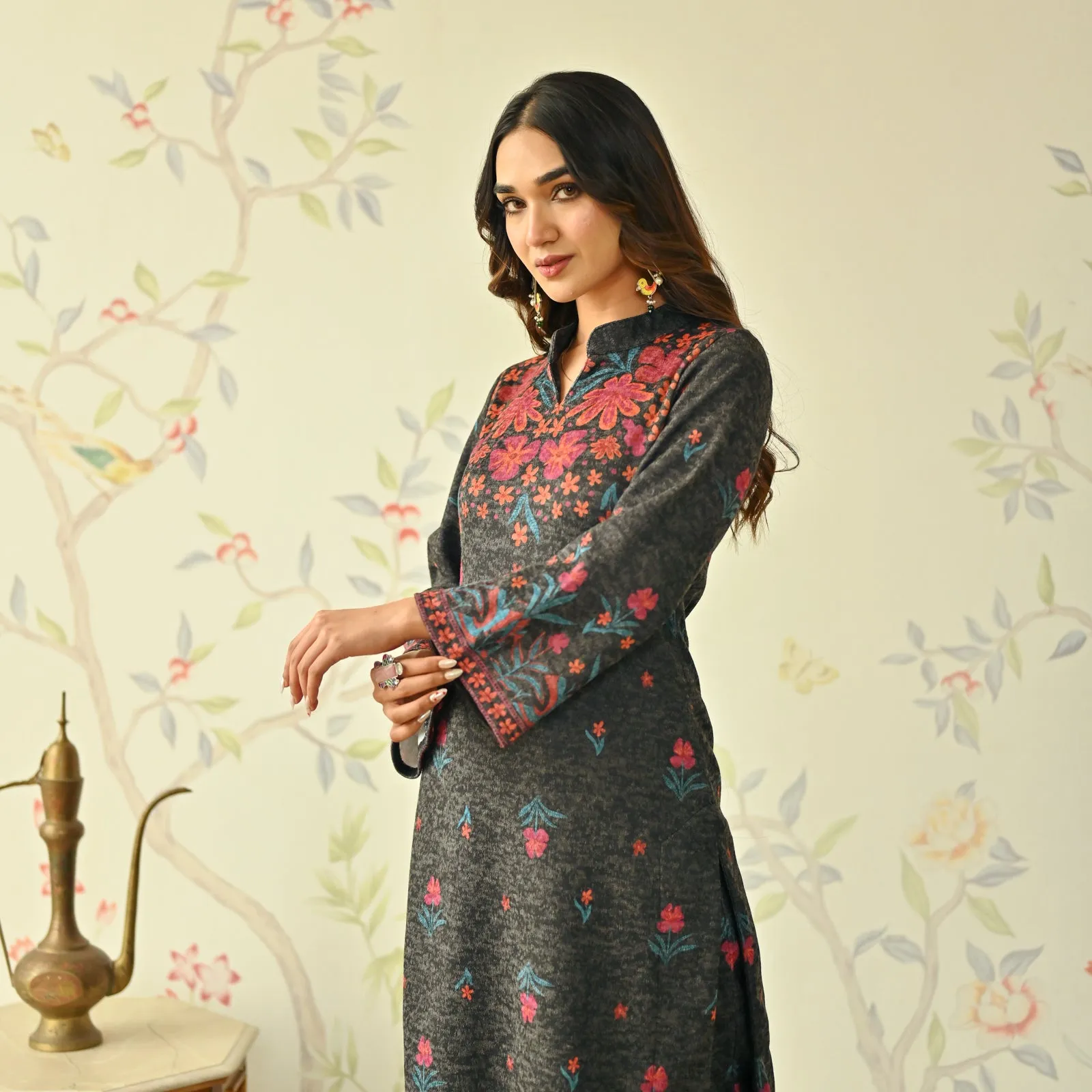 Black Floral Woollen Kurta Set with Bell Sleeves