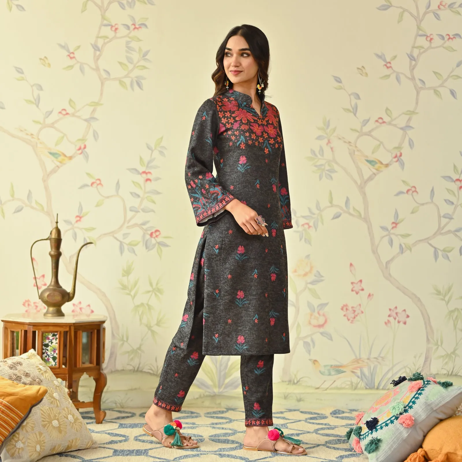 Black Floral Woollen Kurta with Bell Sleeves