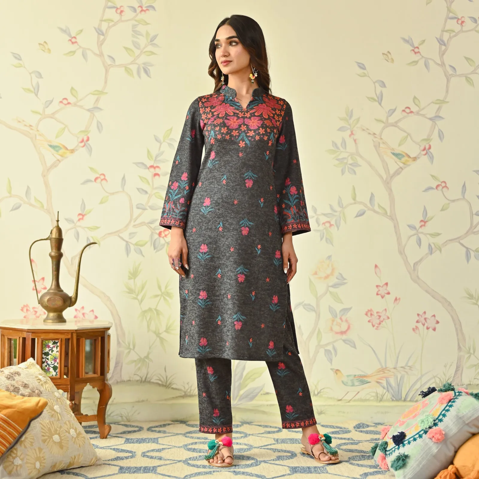 Black Floral Woollen Kurta with Bell Sleeves