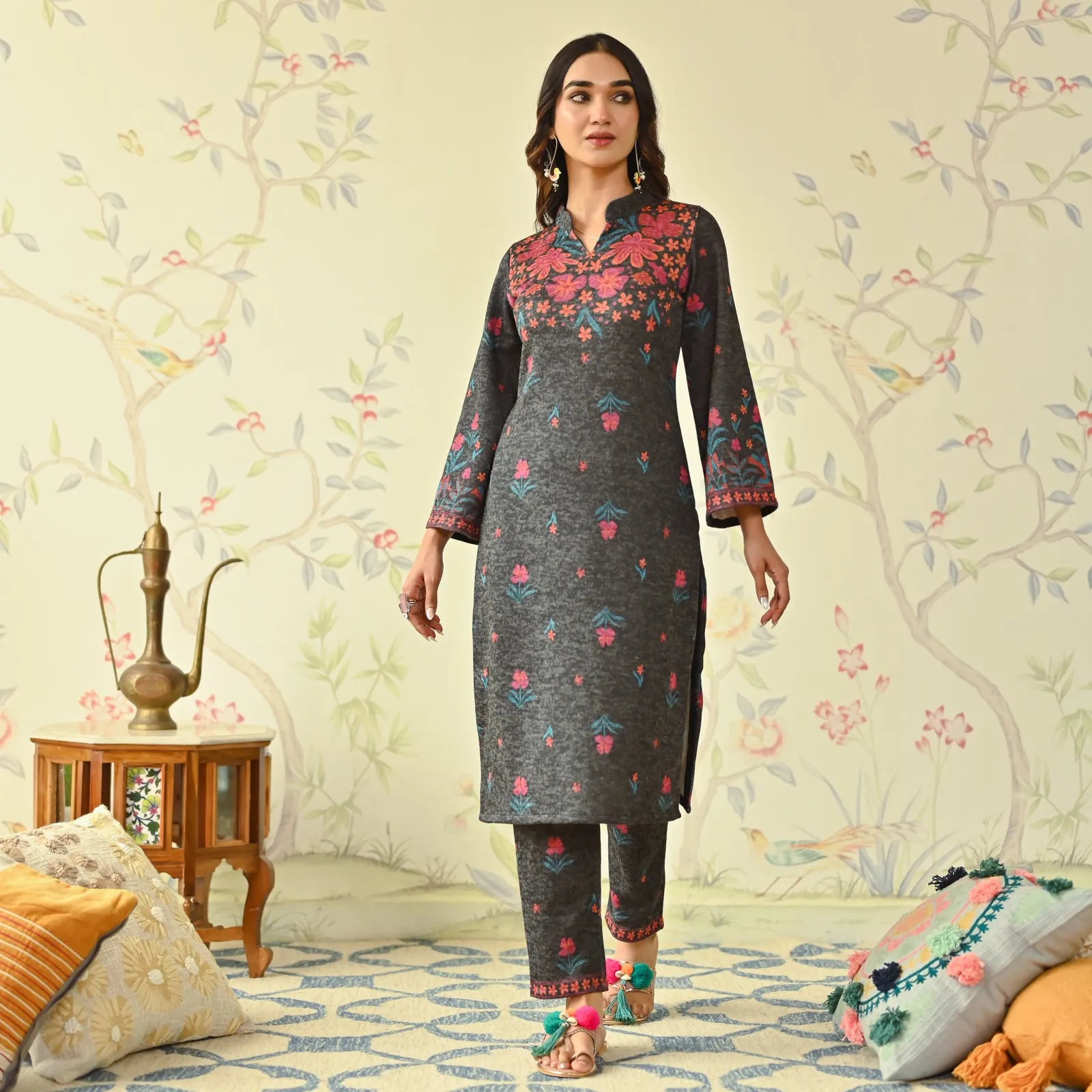 Black Floral Woollen Kurta with Bell Sleeves