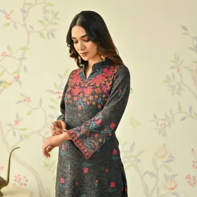 Black Floral Woollen Kurta with Bell Sleeves