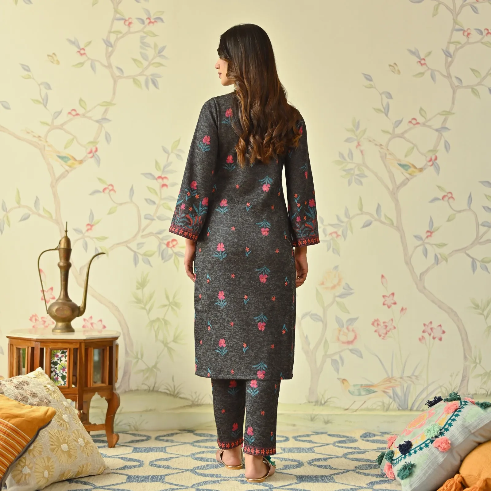 Black Floral Woollen Kurta with Bell Sleeves