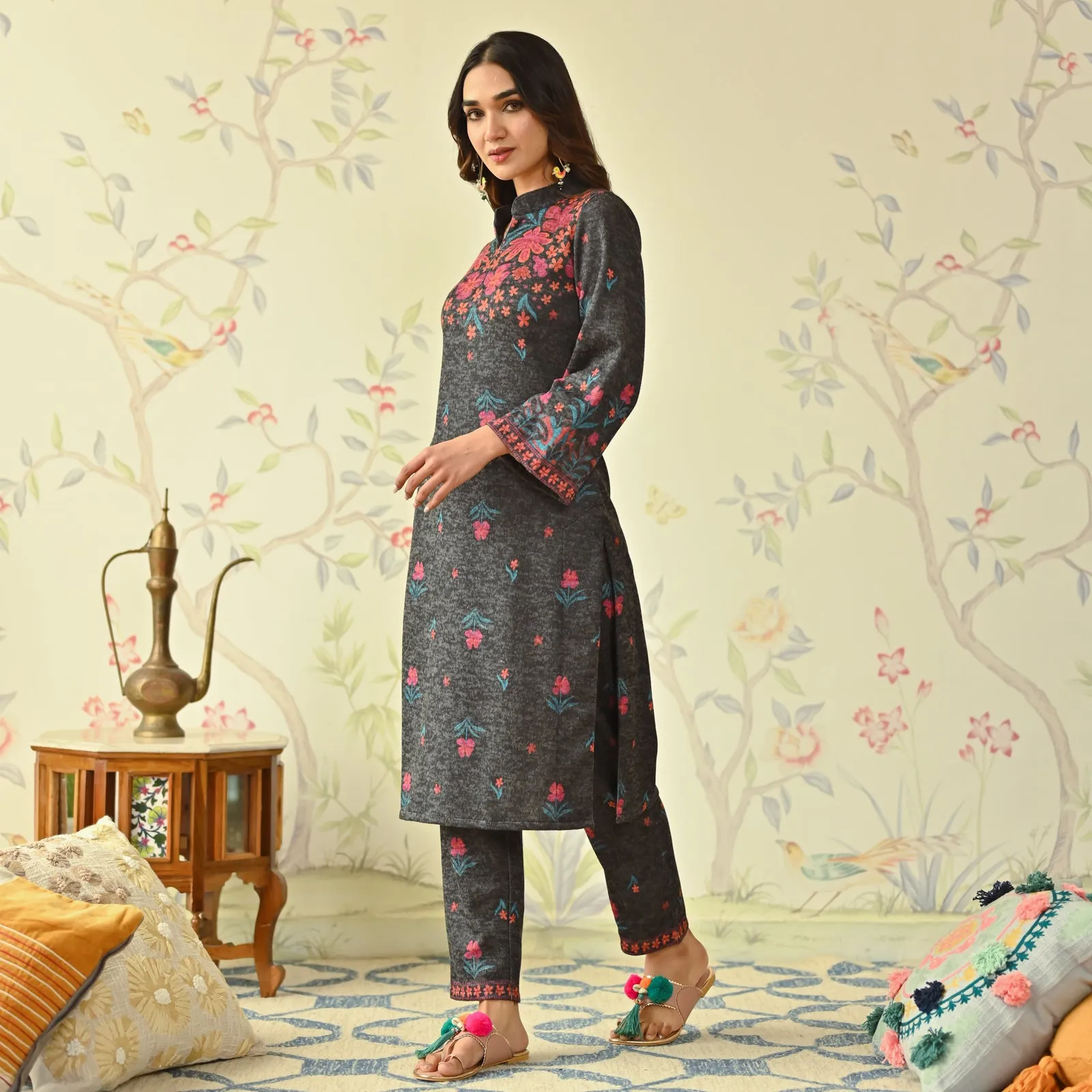 Black Floral Woollen Kurta with Bell Sleeves