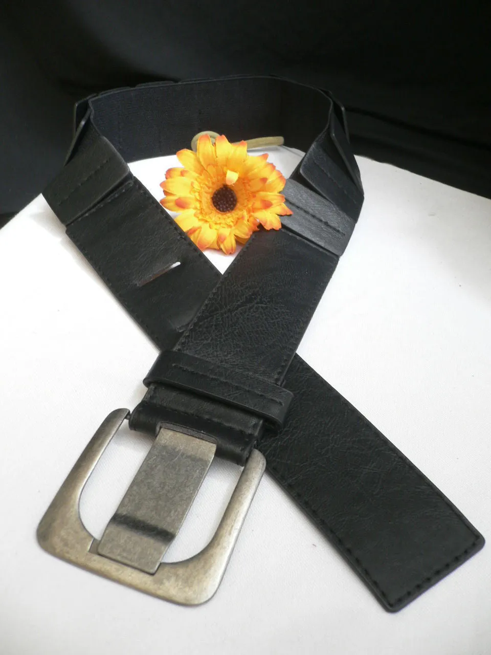 Black Hip Elastic Faux Leather Belt Square Buckle Women Unique XS -L