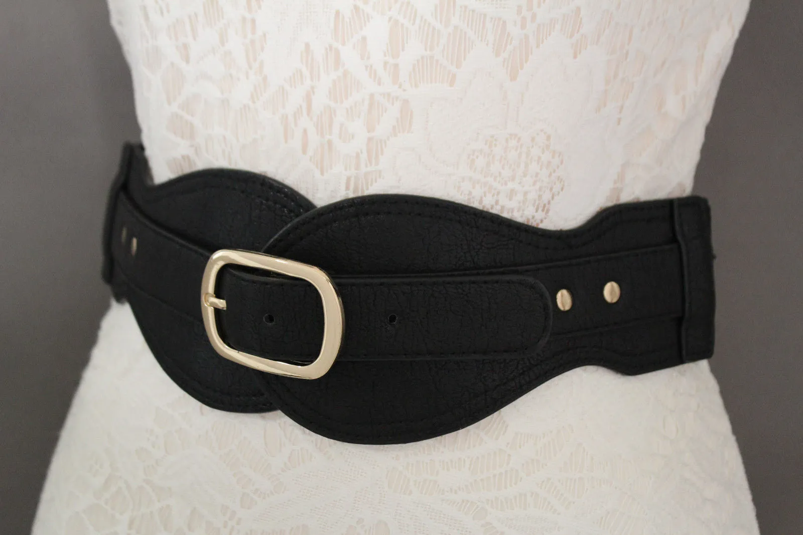 Black Hip Waist Wide Stretch Faux Leather Belt Gold Buckle S M