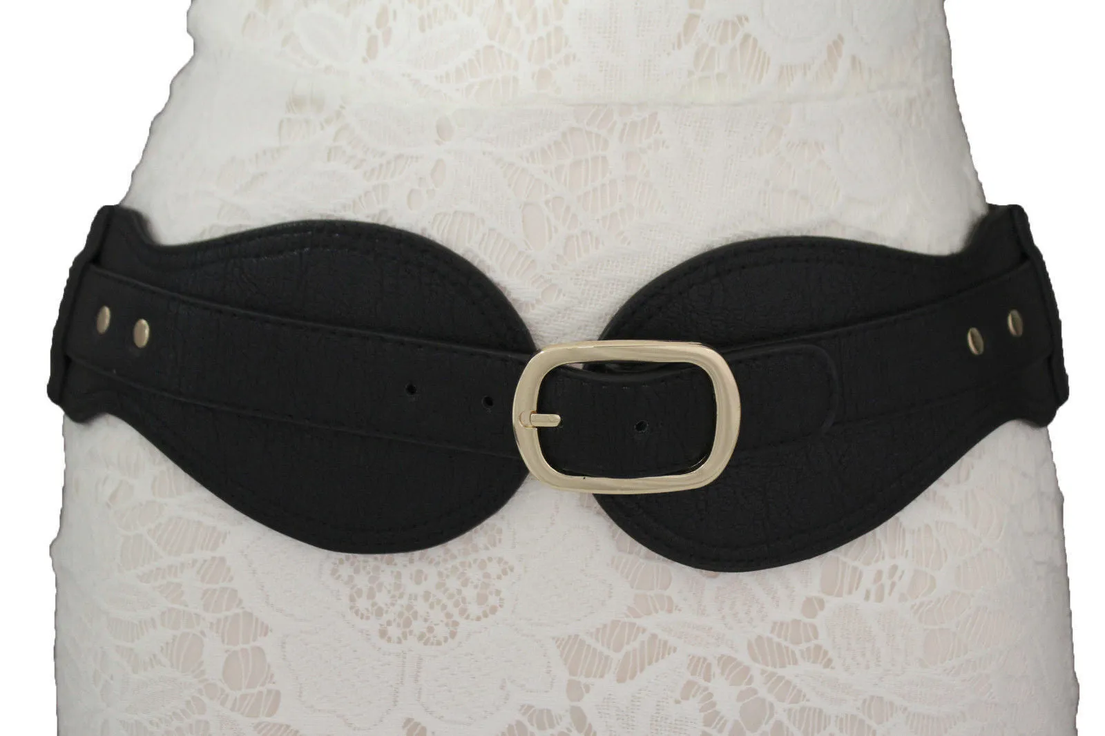 Black Hip Waist Wide Stretch Faux Leather Belt Gold Buckle S M