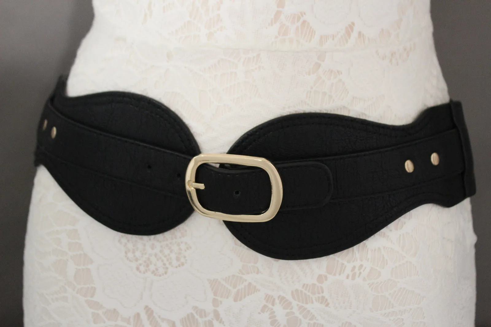 Black Hip Waist Wide Stretch Faux Leather Belt Gold Buckle S M