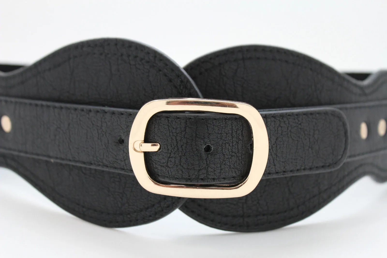 Black Hip Waist Wide Stretch Faux Leather Belt Gold Buckle S M