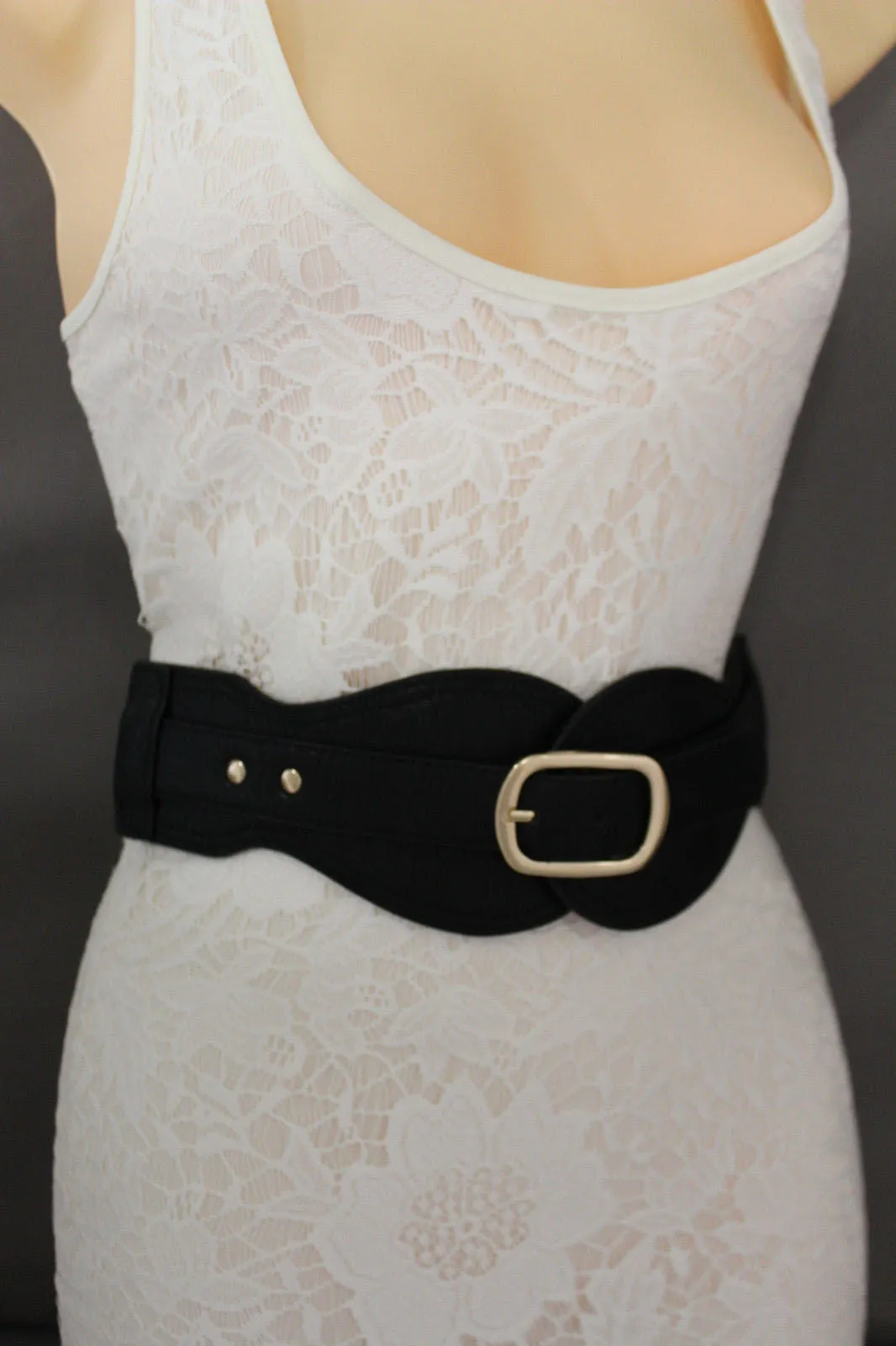 Black Hip Waist Wide Stretch Faux Leather Belt Gold Buckle S M