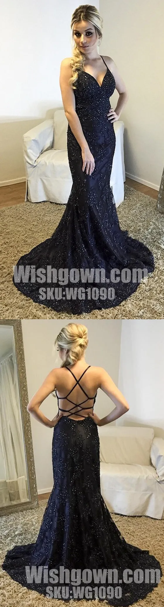 Black Lace Open Back Sexy Mermaid Cheap Long Prom Dresses, WG1090