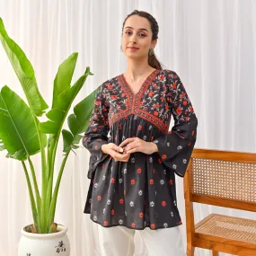 Black Sanganeri Print Tunic with Bell Sleeves