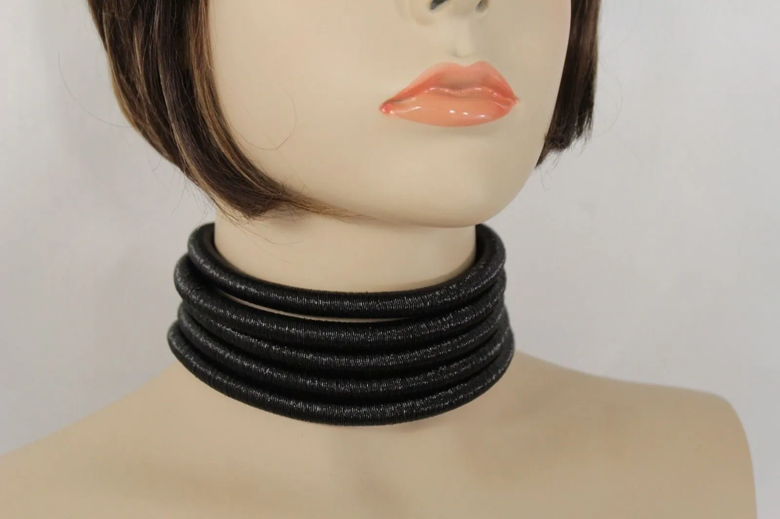 Black Short Fabric Wide 5 Strands Sexy Choker Necklace Earring Set