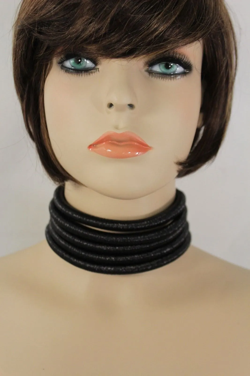 Black Short Fabric Wide 5 Strands Sexy Choker Necklace Earring Set