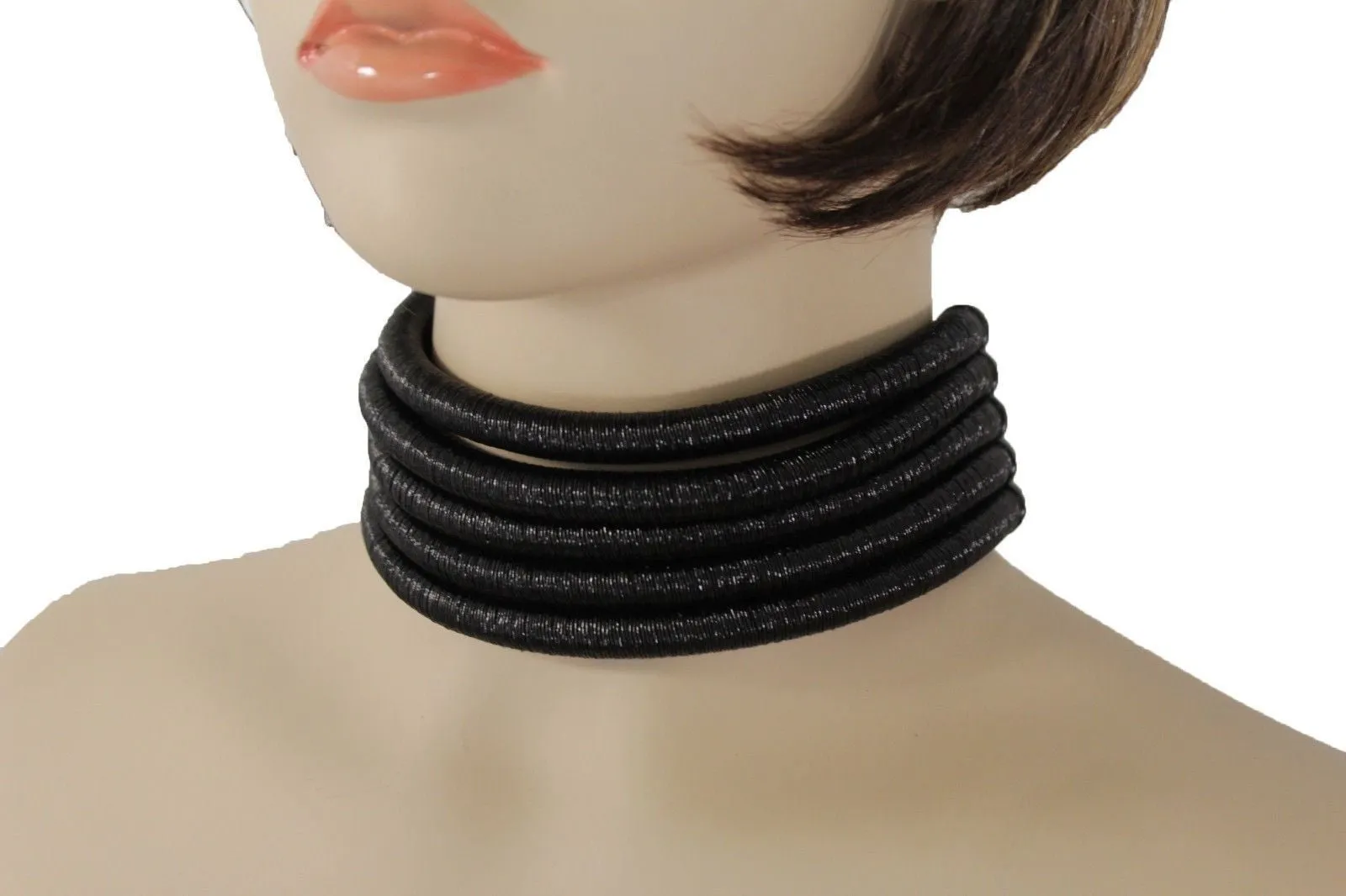 Black Short Fabric Wide 5 Strands Sexy Choker Necklace Earring Set