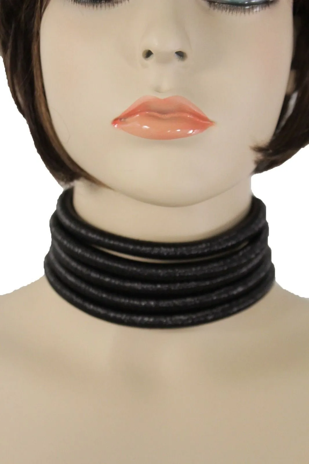 Black Short Fabric Wide 5 Strands Sexy Choker Necklace Earring Set