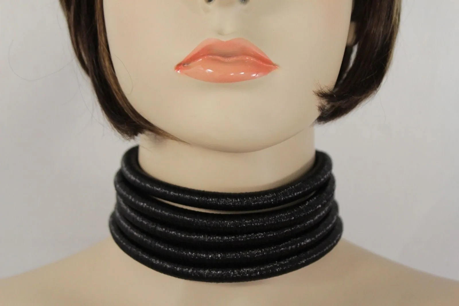 Black Short Fabric Wide 5 Strands Sexy Choker Necklace Earring Set