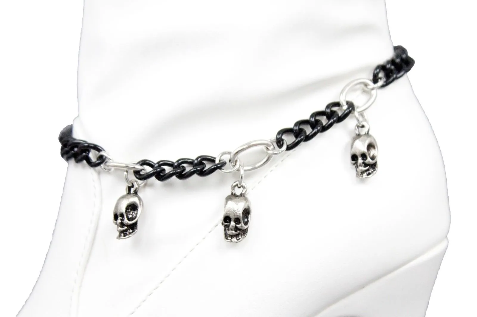 Black Silver Metal Boot Chain Bracelet Skeleton Skull Anklet Shoe Charm Band