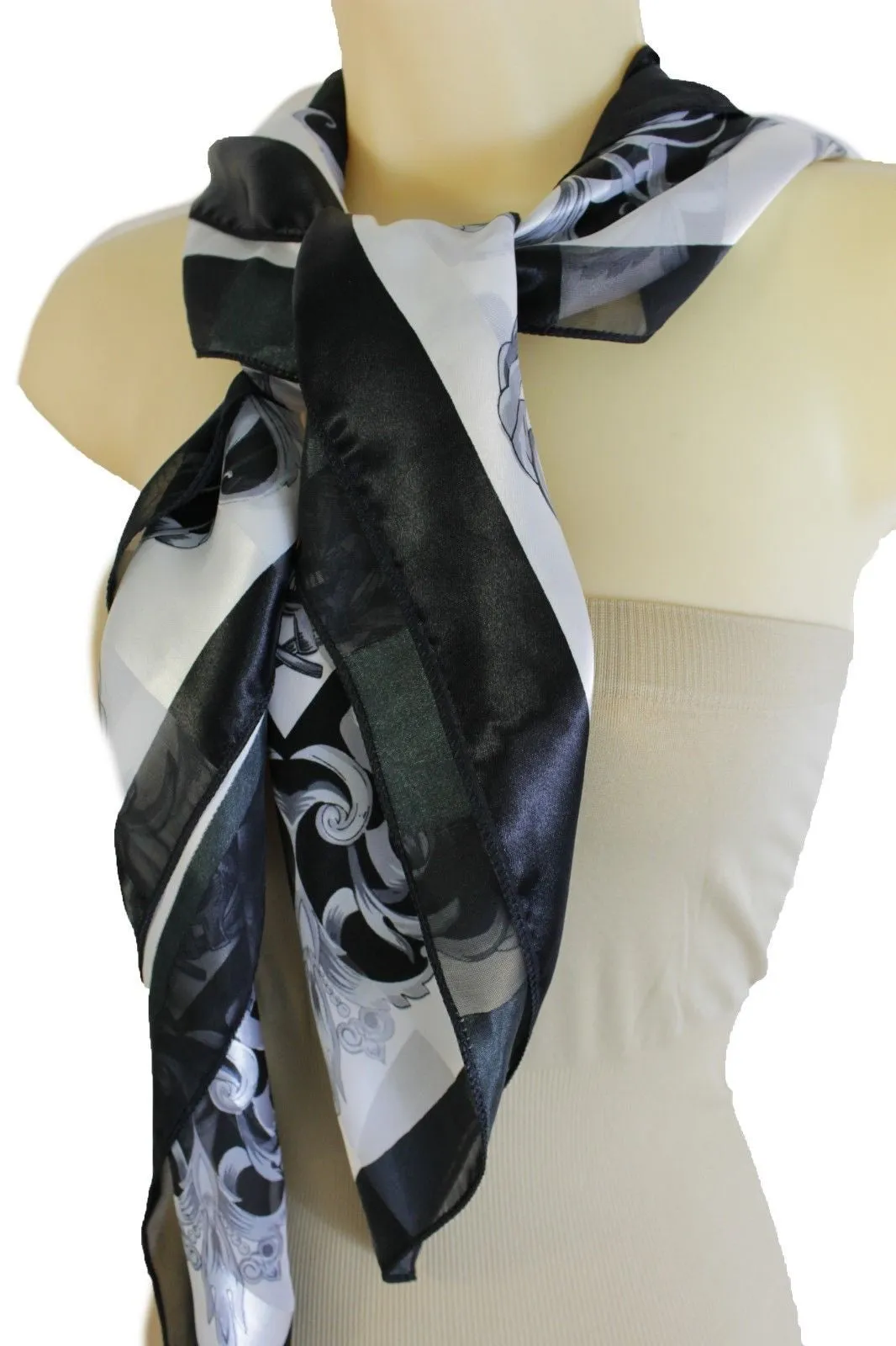 Black White Fancy Square Soft Fabric Scarf Wrap Dressy Anchor Queen Crown