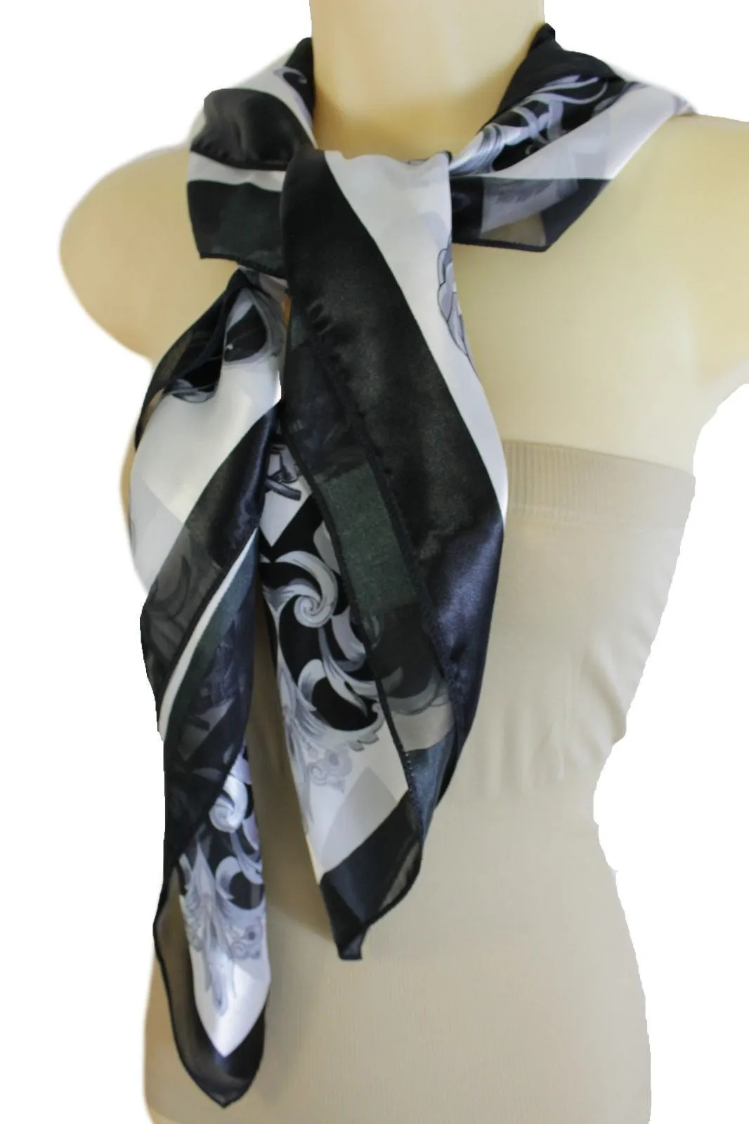 Black White Fancy Square Soft Fabric Scarf Wrap Dressy Anchor Queen Crown