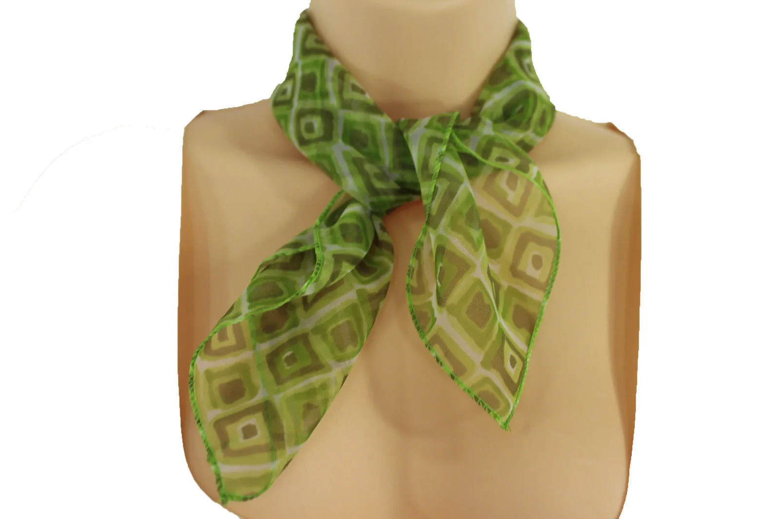 Blue Green Small Neck Scarf Fabric Geometric Square Print Pocket Accessories