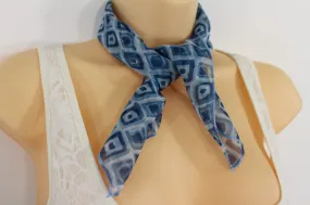 Blue Green Small Neck Scarf Fabric Geometric Square Print Pocket Accessories