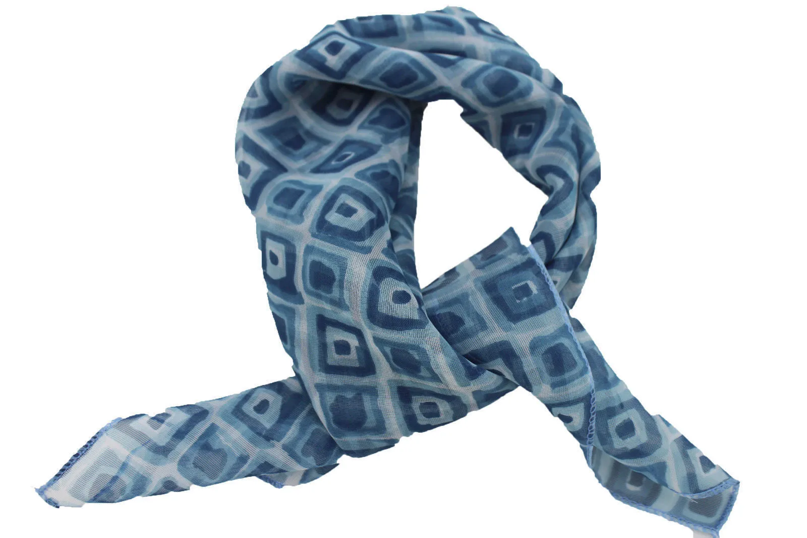 Blue Green Small Neck Scarf Fabric Geometric Square Print Pocket Accessories