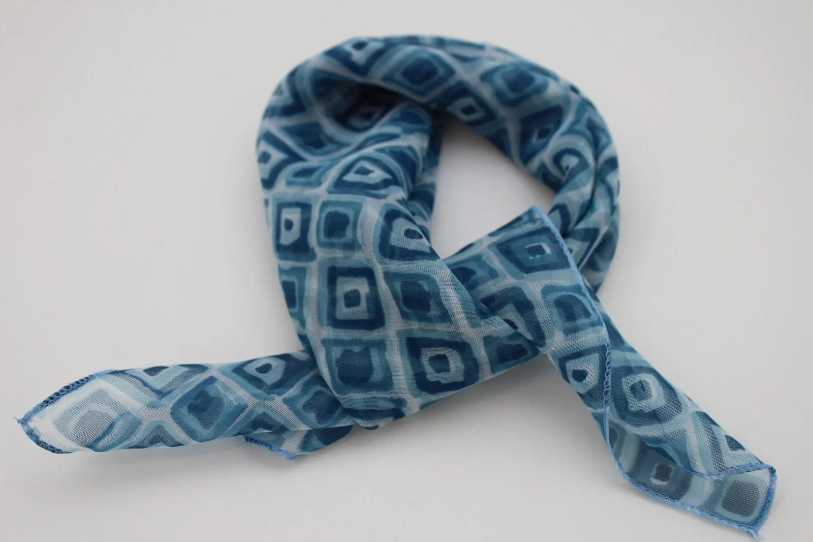 Blue Green Small Neck Scarf Fabric Geometric Square Print Pocket Accessories