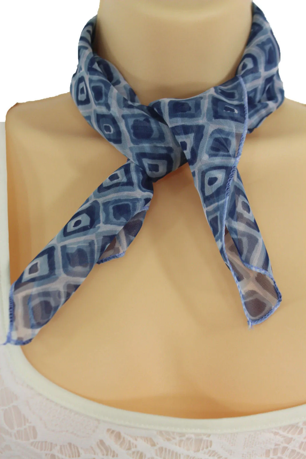 Blue Green Small Neck Scarf Fabric Geometric Square Print Pocket Accessories